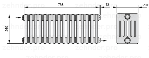 Схема (чертеж) Радиатор Zehnder Charleston 6026/16 №1670 Белый глянцевый RAL 9016
